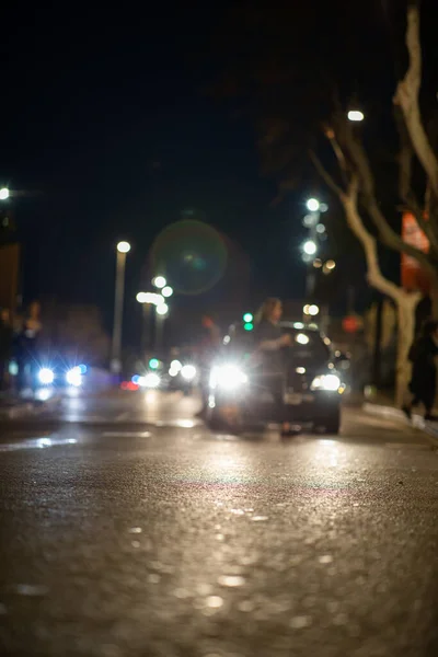 Blurred Vehicle Front View Night Street View Person Crossing Flare — Stock Photo, Image