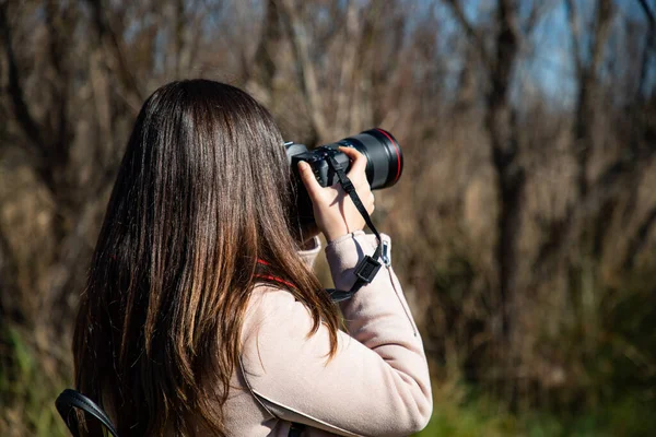 Stock image Beautiful woman taking a picture of a dry trees forest back shot closeup