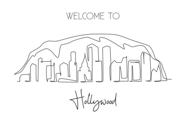 Hollywood şehrinin Los Angeles siluetinin aralıksız çizimleri. Güzel dönüm noktası. Dünya peyzaj turizmi ev dekorasyonu poster baskısı yapıyor. Tek çizgi çizimi tasarım vektörü illüstrasyonu