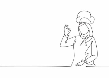 Heyecanlı genç ve çekici kadın şefin durduğu ve güzel jest yaptığı tek sıra çizimi. Restoran pankartı konsepti bir çizgi tasarım vektörü grafik çizimi