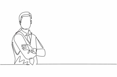 Tek sıra halinde, genç ve yakışıklı bir hostesin göğsüne çapraz kolla poz vermesi. Profesyonel meslek asgari konsepti. Tek çizgi çizimi tasarım vektörü grafik çizimi