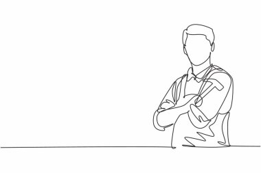 Tek sıra halinde genç erkek marangoz göğsüne çapraz kollar çiziyor ve çekiç tutuyor. Profesyonel iş mesleği ve mesleğin asgari konsepti. Aralıksız çizgi çizimi tasarım grafik vektör çizimi