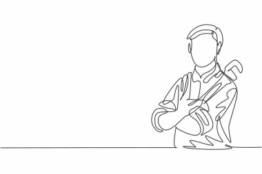 Sürekli bir çizgi halinde genç bir tesisatçı boru anahtarı tutarken kolunu göğsüne çarpıyor. Profesyonel meslek asgari konsepti. Tek çizgi çizimi tasarım vektörü grafik çizimi