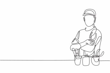 İşe gitmeden önce genç yakışıklı işçinin göğsüne çapraz silah dayadığı tek sıra. Profesyonel iş mesleği. Minimalizm konsepti bir çizgi grafik tasarım vektörü illüstrasyonu