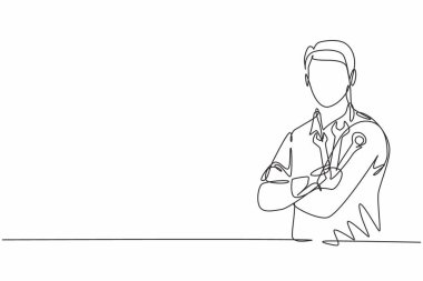 Genç erkek tamircinin göğsüne çapraz kolla poz verdiği tek çizgi. Profesyonel iş mesleği ve mesleğin asgari konsepti. Aralıksız çizgi çizimi tasarım grafik vektör çizimi