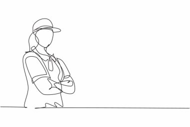 Genç teslimatçı kadının çalışmadan önce kollarını göğsüne kavuşturduğu bir çizgi. Profesyonel meslek asgari konsepti. Tek çizgi çizimi tasarım vektörü grafik çizimi