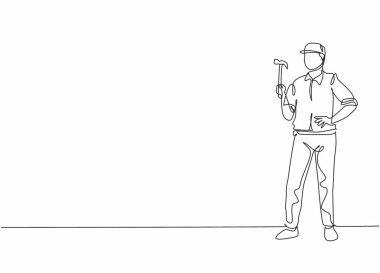 Sürekli çekiç tutan genç işçinin çizdiği çizgiler. Profesyonel meslek asgari konsepti. Tek çizgi çizimi tasarım vektörü grafik çizimi