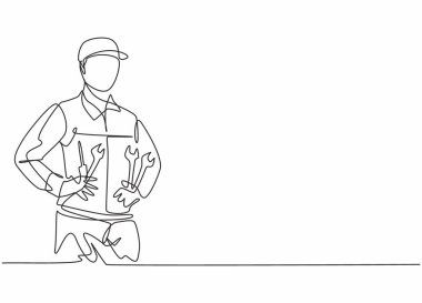 Araba tamirhanesinde ingiliz anahtarı tutan genç adamın tek sıra çizimi. Profesyonel iş mesleği. Minimalizm konsepti bir çizgi grafik tasarım vektörü illüstrasyonu