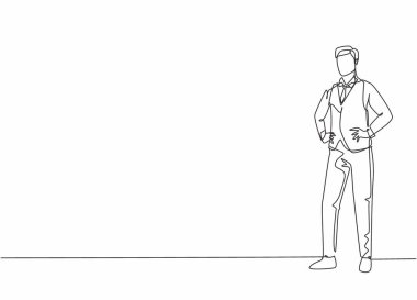 Tek sıra halinde genç erkek hostes duruşu. Uçakta duruyor. Profesyonel iş mesleği ve mesleğin asgari konsepti. Aralıksız çizgi çizimi tasarım grafik vektör çizimi