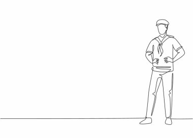 Genç yakışıklı denizcinin yolcu gemisinde durduğu tek sıra çizimi. Profesyonel iş mesleği. Minimalizm konsepti bir çizgi grafik tasarım vektörü illüstrasyonu