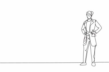 Ayakta duran ve el ele tutuşan genç kadın bilim adamının durmaksızın çizdiği tek çizgi. Profesyonel iş mesleği. Minimalizm konsepti bir çizgi grafik tasarım vektörü illüstrasyonu