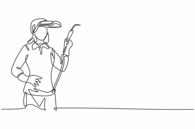 Genç ve çekici kadın kaynakçının el ele tutuşup durduğu tek sıra çizimi. Profesyonel iş mesleği. Minimalizm konsepti bir çizgi grafik tasarım vektörü illüstrasyonu