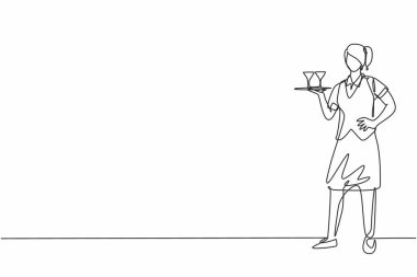 Elleri kalçasında tepsiyi tutan genç ve güzel bayan garsonun durmaksızın çizdiği bir çizgi. Profesyonel meslek asgari konsepti. Tek çizgi çizimi tasarım vektörü grafik çizimi