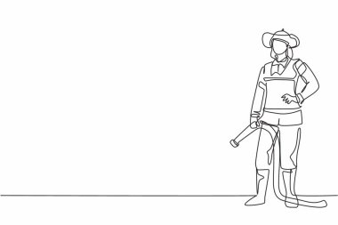 Üniformalı güzel bayan itfaiyecinin sürekli el ele tutuşması. Profesyonel meslek asgari konsepti. Tek çizgi çizimi tasarım vektörü grafik çizimi