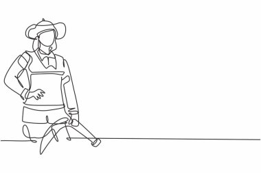 Genç, güzel, cesur kadın itfaiyecinin el ele tutuşup durduğu tek sıra. Profesyonel iş mesleği. Minimalizm konsepti bir çizgi grafik tasarım vektörü illüstrasyonu