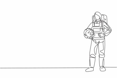 Elleri kalçasında kask tutan genç bir astronotun sürekli çizdiği tek çizgi. Profesyonel iş mesleği. Minimalizm konsepti bir çizgi grafik tasarım vektörü illüstrasyonu