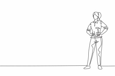 Genç bayan marangozun kalçasında poz verdiği tek çizgi. Profesyonel iş mesleği ve mesleğin asgari konsepti. Aralıksız çizgi çizimi tasarım grafik vektör çizimi