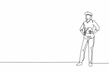 Ayakta duran ve el ele tutuşan genç kadın ressamın kesintisiz çizimi. Profesyonel iş mesleği. Minimalizm konsepti bir çizgi grafik tasarım vektörü illüstrasyonu