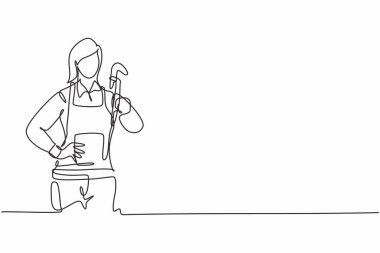 Elleri kalçasında poz veren genç ve güzel bir tesisatçı çizmiş. Profesyonel iş mesleği ve mesleğin asgari konsepti. Aralıksız çizgi çizimi tasarım grafik vektör çizimi