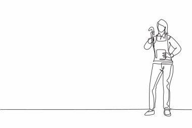 Elleri kalçasında poz veren genç ve güzel bir tesisatçı çizmiş. Profesyonel iş mesleği ve mesleğin asgari konsepti. Aralıksız çizgi çizimi tasarım grafik vektör çizimi