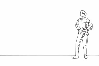 Elleri kalçasında paket kutusunu tutan genç ve güzel bir kadının sürekli çizdiği bir çizgi. Profesyonel meslek asgari konsepti. Tek çizgi çizimi tasarım vektörü grafik çizimi