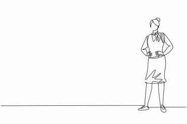 Tek sıra halinde, genç bayan hostes elleri kalçasında poz veriyor. Profesyonel iş mesleği ve mesleğin asgari konsepti. Aralıksız çizgi çizimi tasarım grafik vektör çizimi