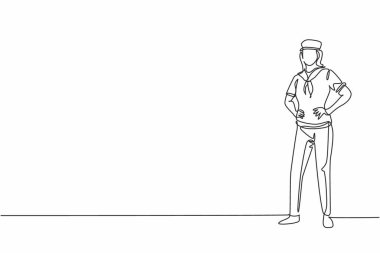 Ayakta duran ve el ele tutuşan genç bir denizcinin sürekli çizdiği tek çizgi. Profesyonel iş mesleği. Minimalizm konsepti bir çizgi grafik tasarım vektörü illüstrasyonu