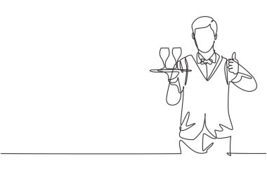 Bir jest yapan tek sıra garson başparmağını kaldırdı ve kafeteryaya bir tepsi içki bardağı getirdi. Dinamik bir çizgi çizer grafik tasarım vektörü çizer