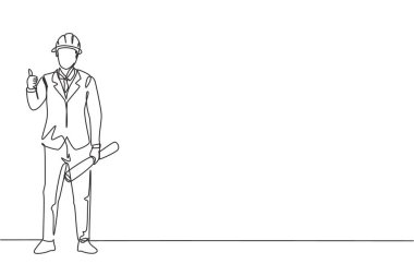 Devamlı bir çizim yapan mimar, başparmağıyla bir jest yaptı ve binanın çalışma planını gösteren bir miğfer taktı. Tek çizgi çizimi tasarım vektörü grafik çizimi.