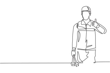 Garajdaki bozuk bir araba motorunu tamir etmek için parmağını kaldırma ve anahtarı tutma hareketiyle sürekli çizen tek bir tamirci. Bir çizgi çizimi grafik tasarım vektör çizimi.