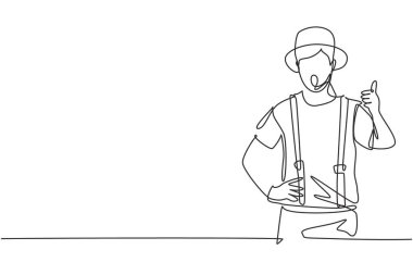 Pandomimci 'nin baş parmak hareketi ve beyaz makyajlı tek satırlık çizimi sirk arenasında sessiz sinema komedi şovu yapıyor. Modern sürekli çizgi çizimi tasarım grafik vektör çizimi