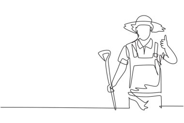 Çiftlikte çalışmak için elinde kürek ve hasır şapka taşıyan bir erkek çiftçinin tek bir çizimi. Modern sürekli çizgi çizimi tasarım grafik vektör çizimi.