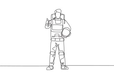 Astronot çizen tek bir çizgi başparmakları havada, uzay giysisiyle evrendeki Dünya 'yı, Ay' ı ve diğer gezegenleri keşfediyor. Dinamik bir çizgi çizer grafik tasarım vektörü çizer