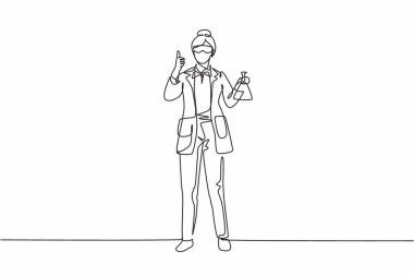 Tek sıra halinde, kadın bilim adamı, elinde kimyasal sıvı dolu bir ölçüm tüpü ile baş parmak hareketleriyle ayakta duruyor. Dinamik bir çizgi çizer grafik tasarım vektörü çizer