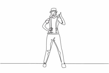 Devamlı bir çizgi çizen kadın pandomimci başparmak hareketi ile ayakta duruyor ve beyaz yüz makyajı seyirciyi sessiz komediyle güldürüyor. Tek çizgi çizimi tasarım vektörü grafik çizimi