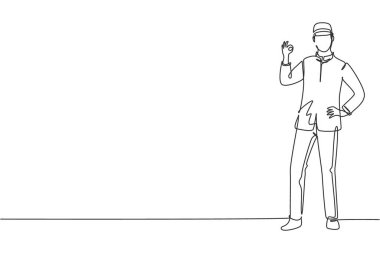 Kapıcının çizdiği tek çizgi bir eli belinde diğeri de el hareketleriyle duruyordu. Büyük bir misafirperverlikle çalışıyor. Modern sürekli çizgi çizimi tasarım grafik vektör çizimi