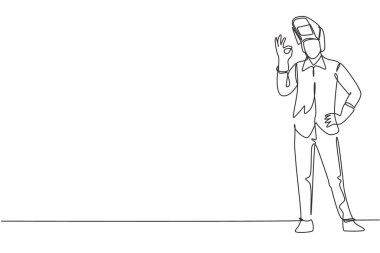 Kaynakçıların tek çizgi çizimi jestle tamam ve yüz kalkanı sökülüp demir atölyesinde çalışmaya hazır hale getiriliyor. Başarı işi. Aralıksız çizgi çizimi tasarım grafik vektör çizimi