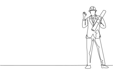 Devamlı bir çizim yapan mimar mimar, miğfer takıp binanın çalışma planını taşıyordu. Başarı işi. Tek çizgi çizimi tasarım vektörü grafik çizimi