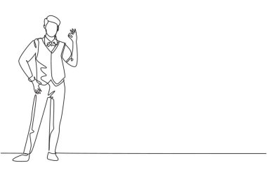 Bir sıra hostes üniforması ve jestleri ile havaalanında hazır bekliyor. Mürettebat varış noktalarına uçuyor. Modern sürekli çizgi çizimi tasarım grafik vektör çizimi