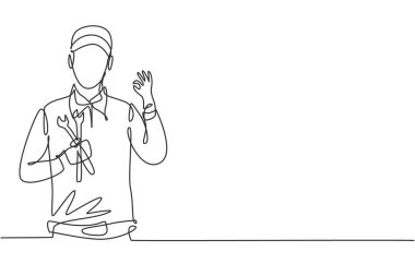 Sürekli bir çizgi halinde, jestli erkek tamirci tamam ve ingiliz anahtarı garajdaki bozuk araba motorunu tamir etmeye yarıyor. Başarı konsepti. Tek çizgi çizimi tasarım vektörü grafik çizimi