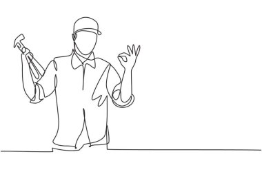 Marangozun tek çizgi çizimi atölyesinde ahşap ürünler yapmada işe yarıyor. Marangozluk aletlerini kullanma becerisi. Modern sürekli çizgi çizimi tasarım grafik vektör çizimi