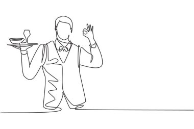 Tek sıra garson çizimi tamam ve kafeteryaya bir tepsi içki bardağı getirdi. Başarılı bir iş. Modern sürekli çizgi çizimi tasarım grafik vektör çizimi