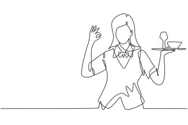 Single continuous line drawing waitress with gesture okay and brought a tray of drinking glasses serving visitors at cafeteria. Successful job. Dynamic one line draw graphic design vector illustration clipart