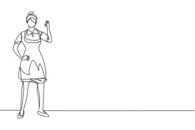 Bir çizgi çizen hizmetçi bir eli belinde diğeriyse el kol hareketleriyle oteldeydi. Büyük bir misafirperverlikle çalışıyor. Modern sürekli çizgi çizimi tasarım grafik vektör çizimi