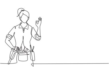 Sürekli bir çizgi çizerek, el hareketleriyle evin hasarlı kısmını onarmaya hazır becerikli bir kadın çiziyor. Profesyonel bir iş. Başarı işi. Tek çizgi çizimi tasarım vektörü grafik çizimi