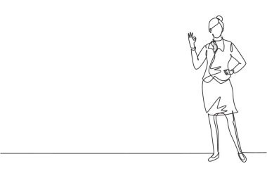 Tek sıra, uçuş görevlisi üniformalı ve jestli bir şekilde duruyor. Tamam, mürettebatla birlikte havaalanında hazır olun. Aralıksız çizgi çizimi tasarım grafik vektör çizimi