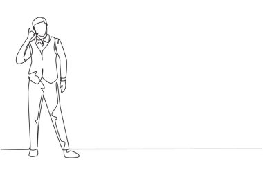 Bana jest diyen üniformalı bir hostes, tek sıra halinde havaalanında mürettebatın gideceği yere uçarken hazır olsun. Modern sürekli çizgi çizimi tasarım grafik vektör çizimi