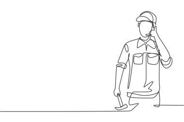 Bana marangoz demekle yetinen bir çizgi atölyede ahşap ürünler üretiyor. Marangozluk aletlerini kullanma becerisi. Başarı işi. Tek çizgi çizimi tasarım vektörü grafik çizimi