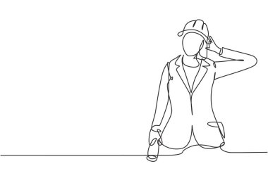 Bana jest diyen ve miğfer takan inşaat kâğıdı çizen tek bir kadın mimar. Başarı işi. Aralıksız çizgi çizimi tasarım grafik vektör çizimi