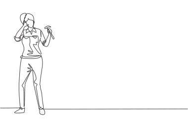 Bana marangoz diyen tek bir kadın marangoz ahşap endüstrisi için çalışıyor ve marangozluk aletleri kullanma konusunda yetenekli olmalı. Aralıksız çizgi çizimi tasarım grafik vektör çizimi